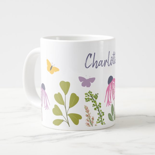 Garden Flowers and Butterflies Custom Name  Giant Coffee Mug (Front Left)