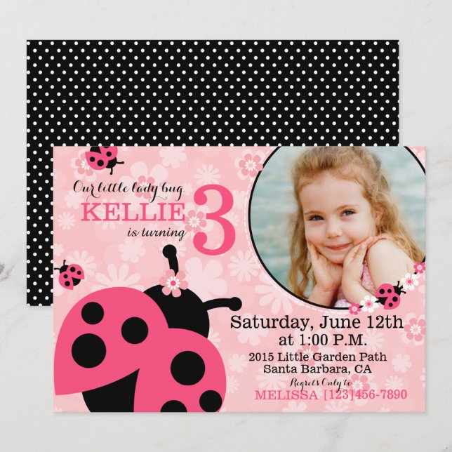 Garden flowers and Lady Bugs Birthday Invite (Front/Back)