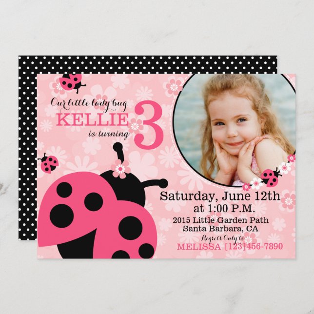 Garden flowers and Lady Bugs Birthday Invite (Front/Back)