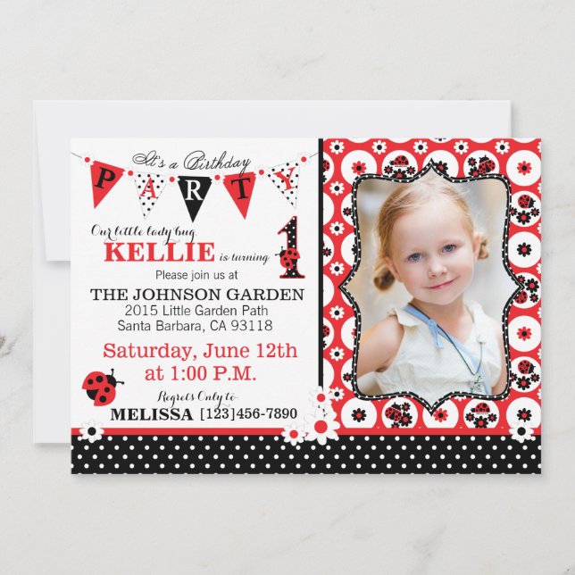 Garden flowers and Lady Bugs Birthday Invite (Front)
