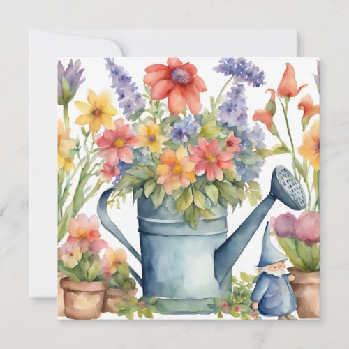 Garden Flowers and Watering Can Watercolor  Card