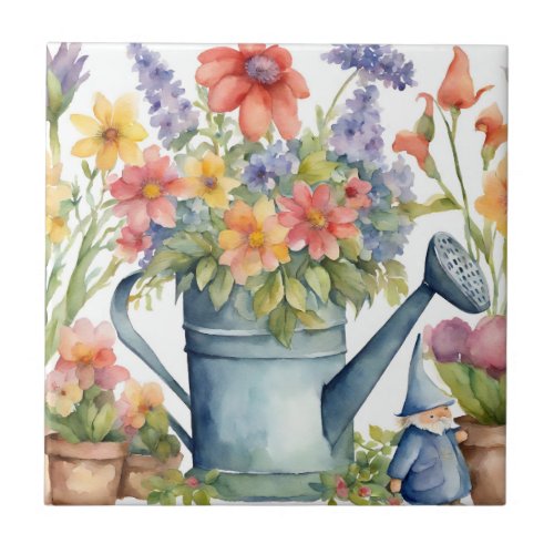 Garden Flowers and Watering Can Watercolor  Ceramic Tile