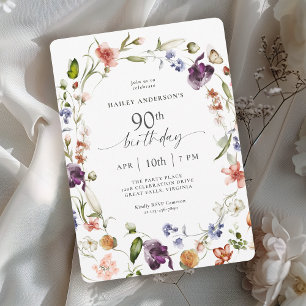 Garden Flowers Botanical Script 90th Birthday Invitation