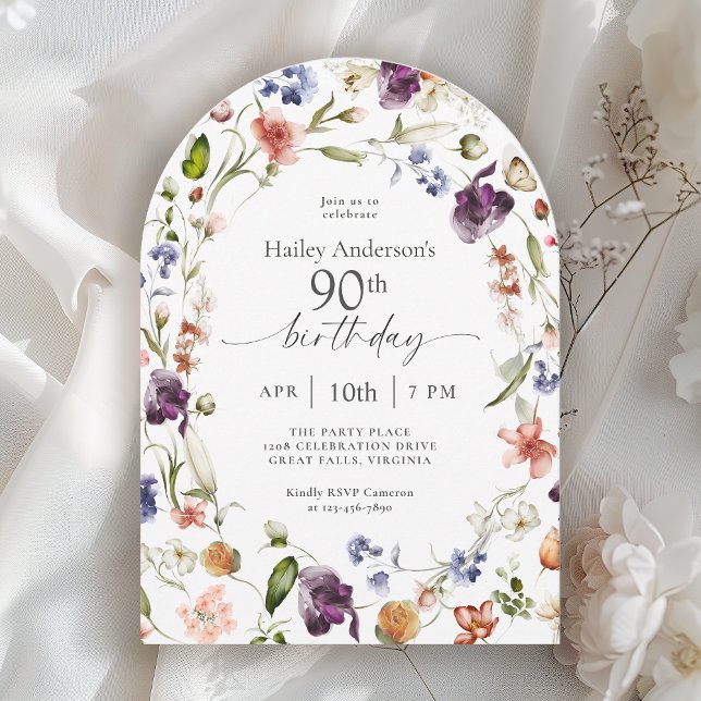 Garden Flowers Botanical Script 90th Birthday Invitation (Creator Uploaded)