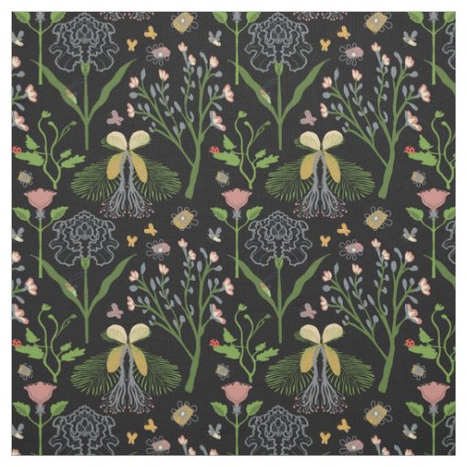 garden flowers, butterflies, grasshopper, ladybug fabric
