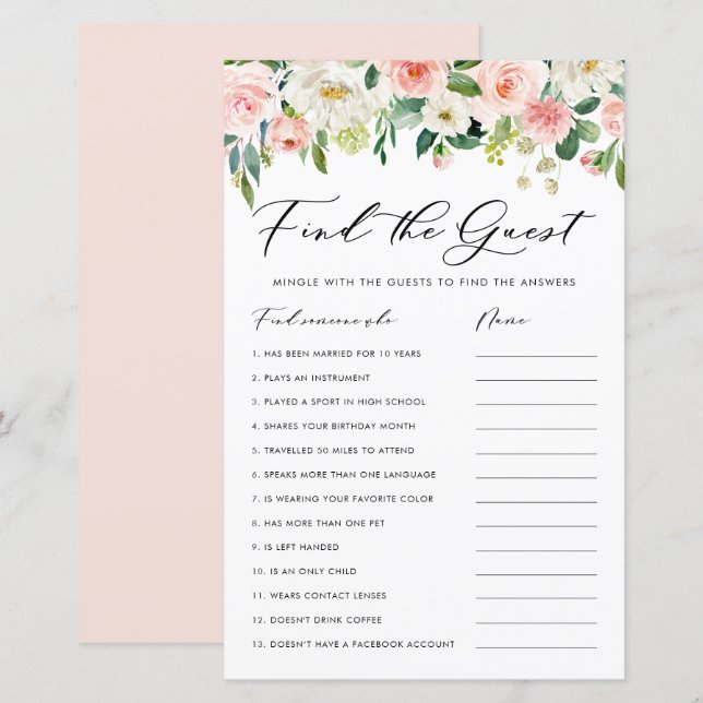 Garden Flowers Find the Guest Bridal Shower Game (Front/Back)