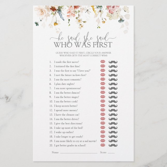 Garden Flowers He Said She Said Bridal Shower Game (Front)