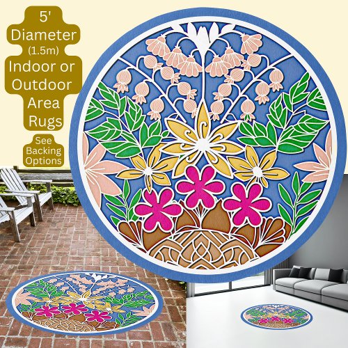 Garden Flowers Mandala on Blue Circular Round Area Rug