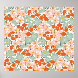 Garden flowers: pink, orange seamless poster