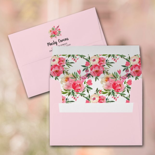 Garden Flowers Return Address Pink Envelope (Garden flowers pink envelopes with FREE return address on the back flap)