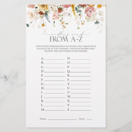 Garden Flowers Watercolor Bridal Shower Game