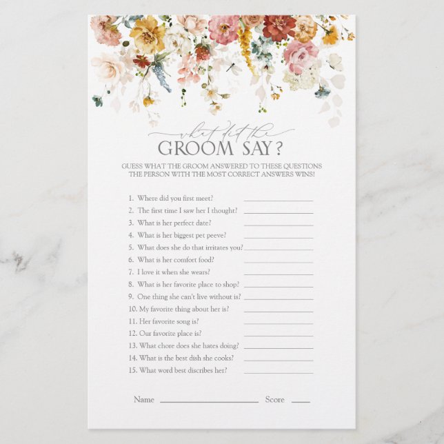 Garden Flowers Watercolor Bridal Shower Game (Front)