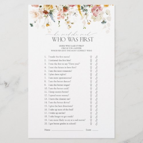 Garden Flowers Watercolor Bridal Shower Game