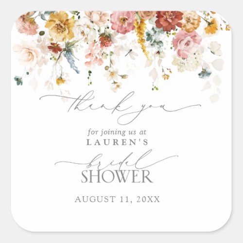 Garden Flowers Watercolor Bridal Shower Thank You Square Sticker