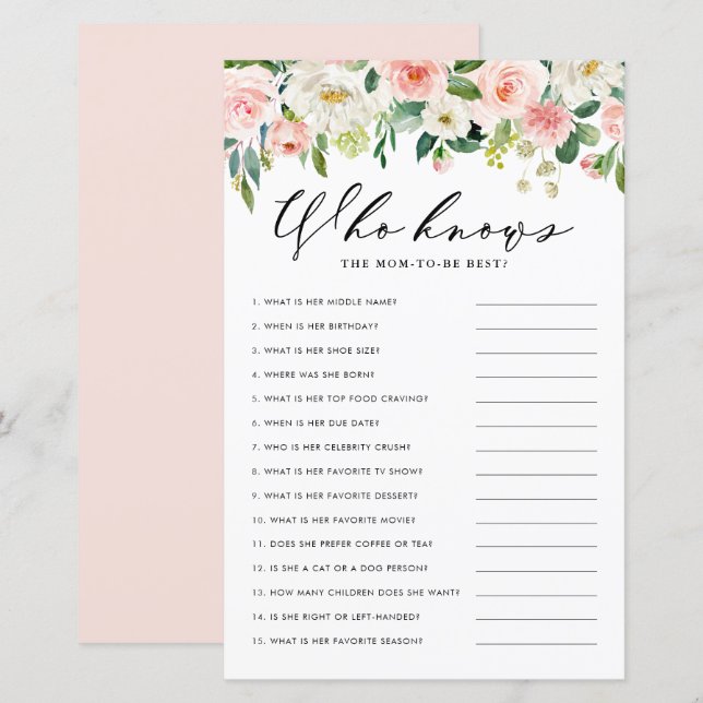 Garden Flowers Who Knows Mom the Best Shower Game (Front/Back)