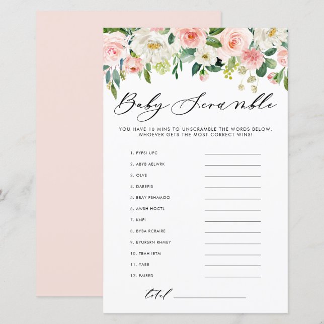Garden Flowers Word Scramble Baby Shower Game (Front/Back)