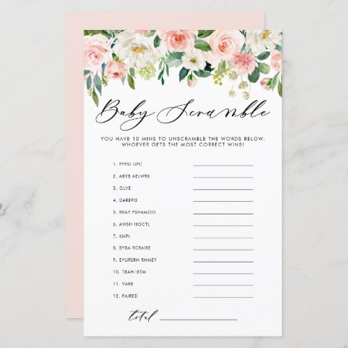 Garden Flowers Word Scramble Baby Shower Game