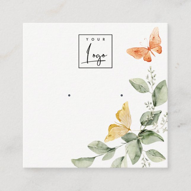 Garden Foliage Butterflies Logo Earring Display Square Business Card (Front)