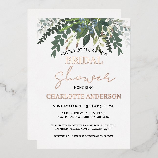 Garden Foliage Nature Greenery Bridal Shower Gold Foil Invitation (Front/Back)