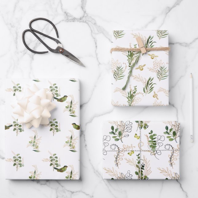 Garden Foliage with Birds, Bees and Butterflies Wrapping Paper Sheets (Front)