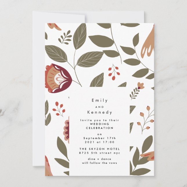 Garden Folk Florals Art Birds Botanical Wedding Invitation (Front)