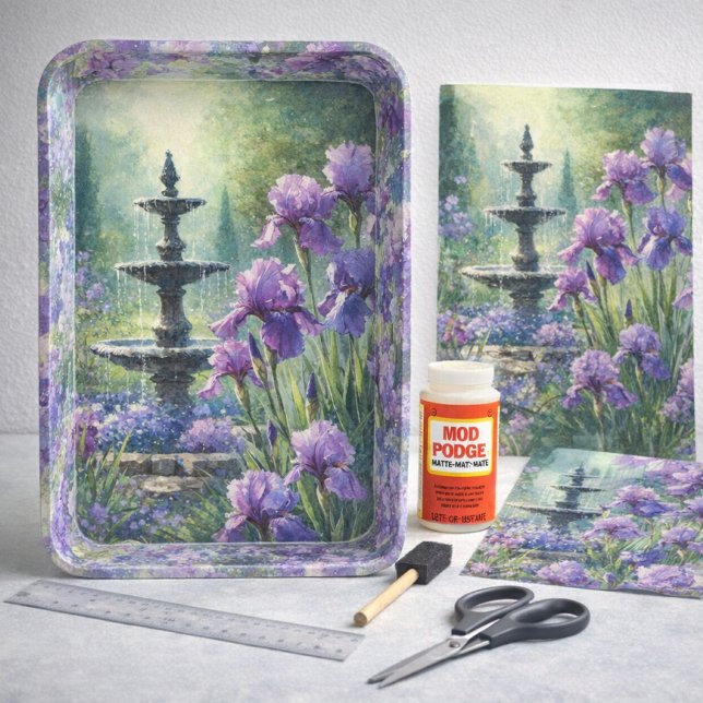 Garden Fountain with Purple Irises Tissue Paper (Create decoupage tray or other crafts with purple irises digital watercolor tissue paper )