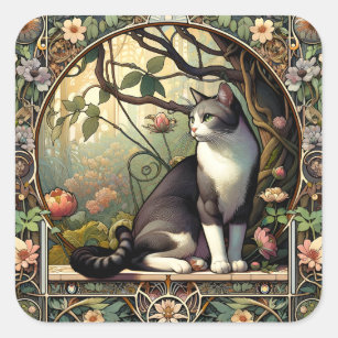 Garden Gateway Art Nouveau Cat Square Sticker