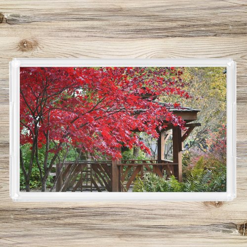 Garden Gazebo and Red Maple Leaves Photo Acrylic Tray