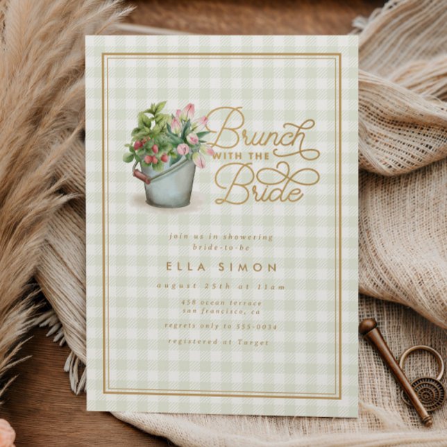 Garden Gingham Sage Gold Bridal Shower Brunch Invitation (Creator Uploaded)