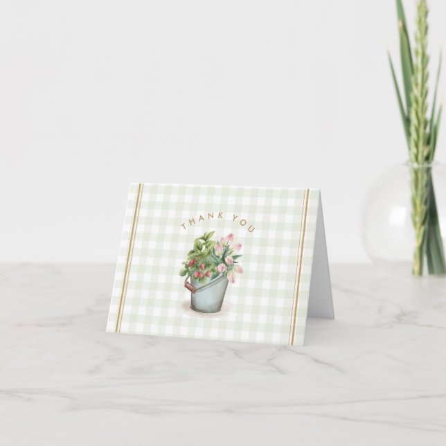 Garden Gingham Sage Gold Floral Flowers Thank You Card (Front)