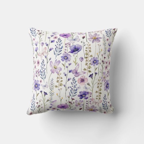 Garden Girl Purple Wildflower Pattern Throw Pillow