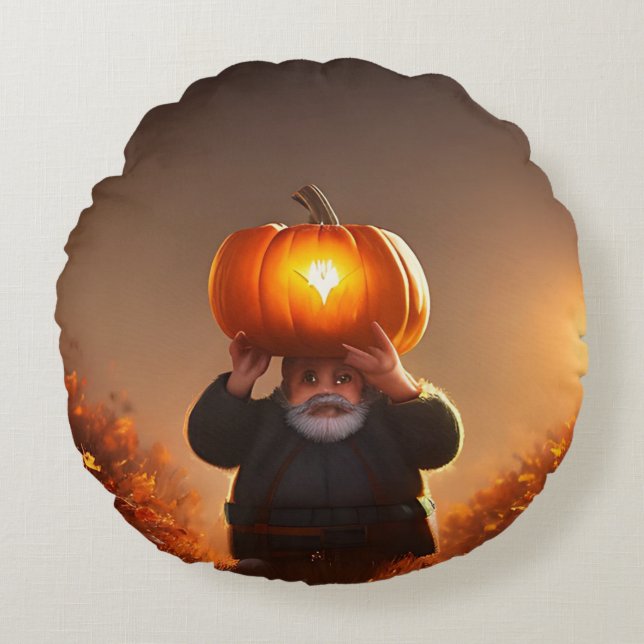 Garden Gnome Carrying A Pumpkin, Round Cushion (Front)