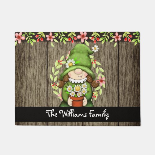 Garden Gnome Family Name Rustic Wood Doormat