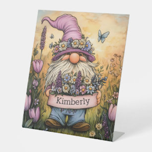 Garden Gnome Illustration with Customizable Banner Pedestal Sign