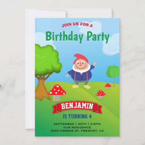 Garden Gnome Kids Birthday Party Invitation