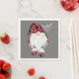 Garden Gnome Merry Christmas Red Buffalo Plaid Paj Napkins