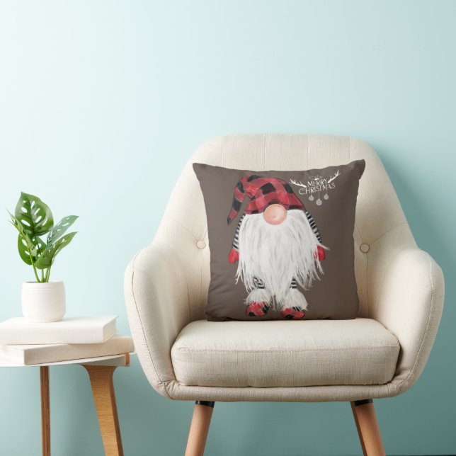 Garden Gnome Merry Christmas Red Buffalo Plaid Paj Throw Pillow (Chair)