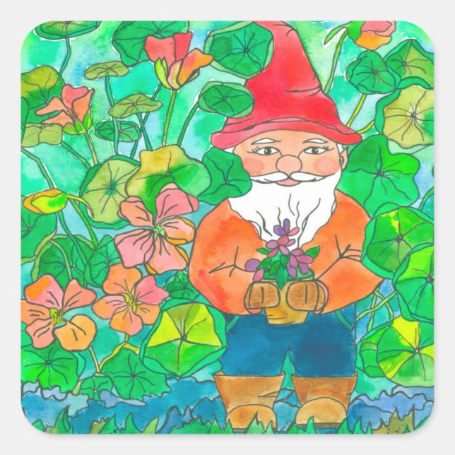 Garden Gnome Nasturtium Flowers Square Sticker (Front)