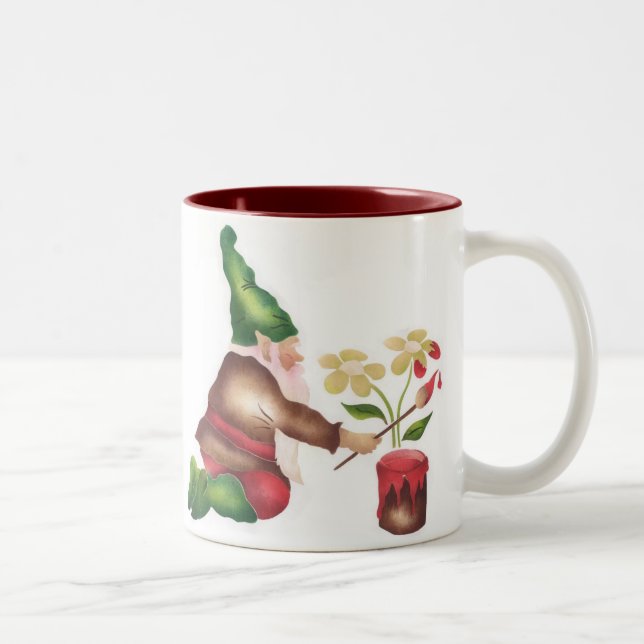 Garden Gnome Painting Flowers Two-Tone Coffee Mug (Right)