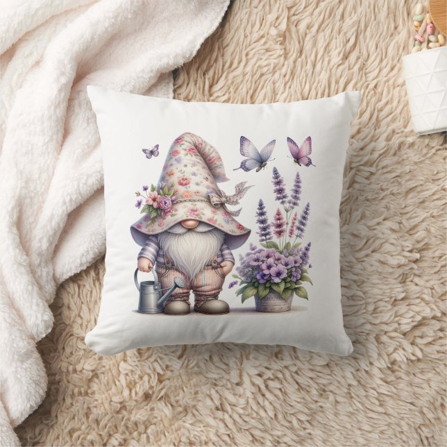 Garden Gnome Purple Pink Flower Lavender Butterfly Throw Pillow (Blanket)