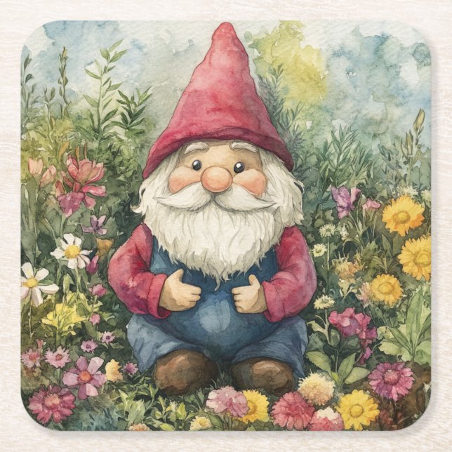 Garden Gnome Square Paper Coaster (Front)