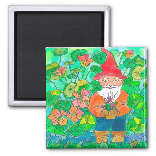 Garden Gnome Watercolor Flowers Magnet