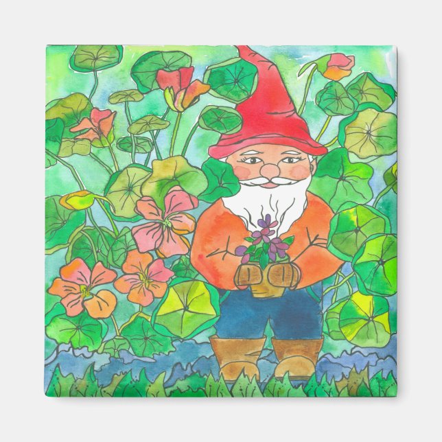 Garden Gnome Watercolor Flowers Magnet (Front)