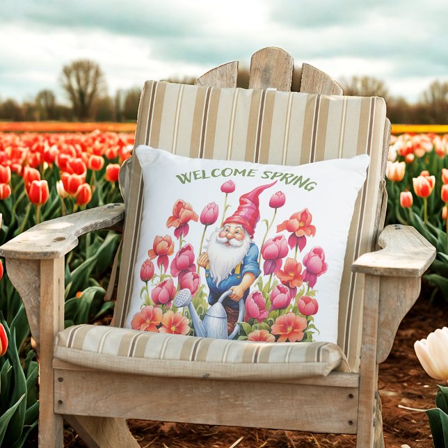 Garden Gnome Waters The Flowers Outdoor Pillow (Creator Uploaded)