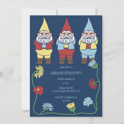 Garden Gnomes and Flowers Custom Birthday Party Invitation