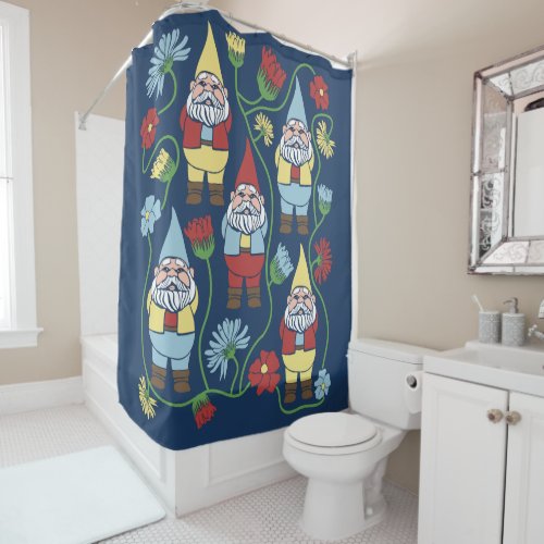 Garden Gnomes and Flowers Illustration Navy Blue Shower Curtain