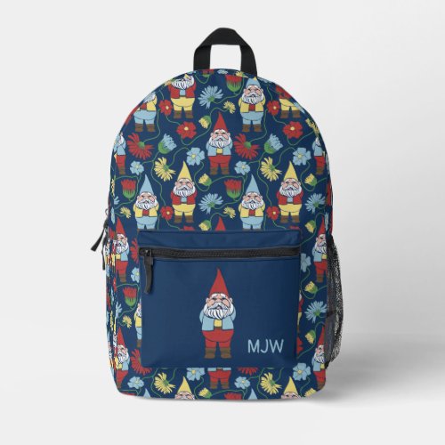 Garden Gnomes and Flowers Navy Blue Patterned Printed Backpack