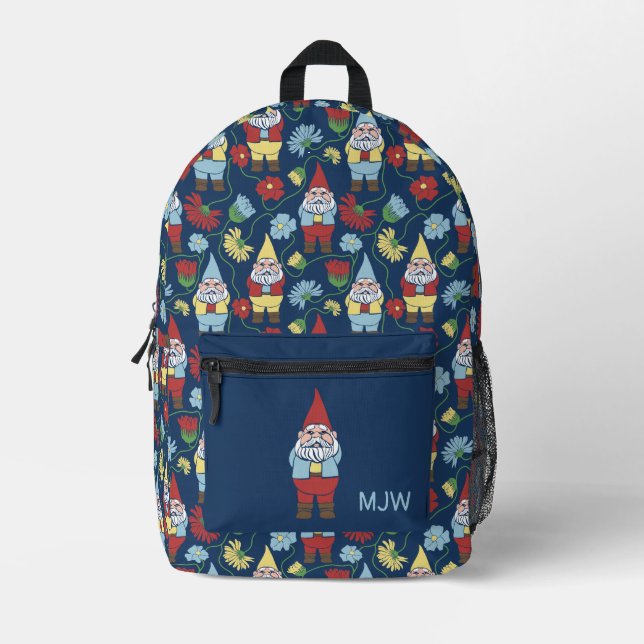 Garden Gnomes and Flowers Navy Blue Patterned Printed Backpack (Front)