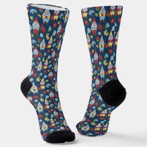 Garden Gnomes and Flowers Navy Blue Patterned Socks