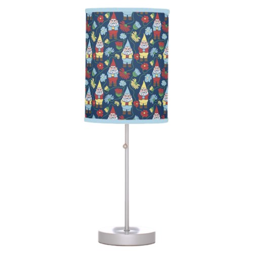 Garden Gnomes and Flowers Navy Blue Table Lamp